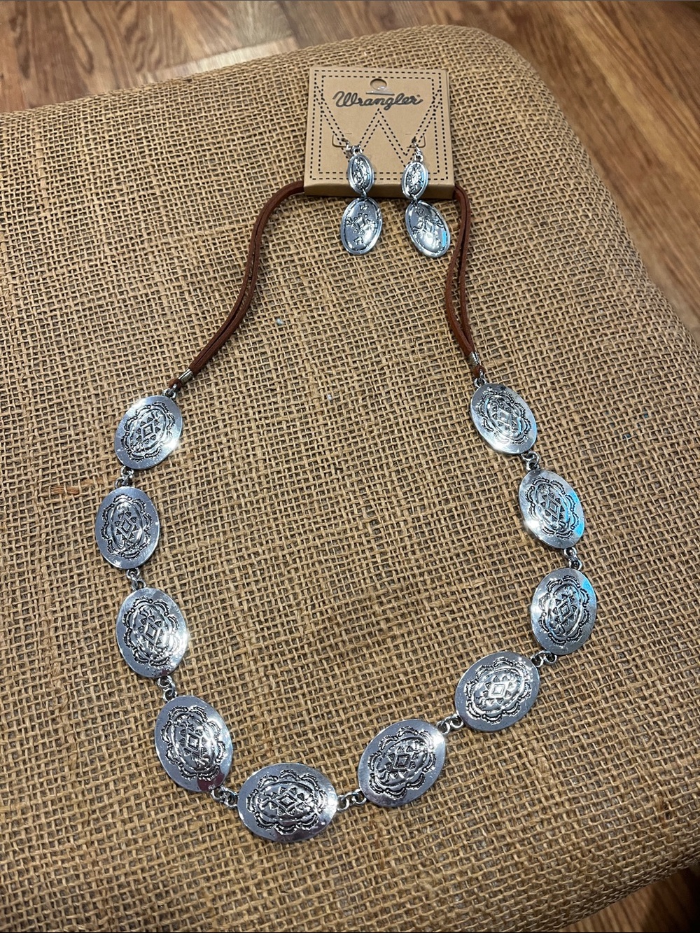 Wrangler Silver and Brown Western Concho Necklace & Earrings Set